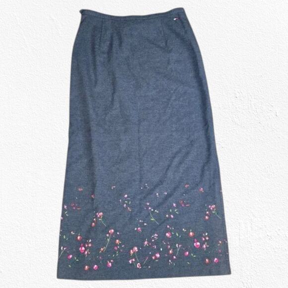 Y2K Vintage Tommy Hilfiger Gray Pink Floral Embroidered Femme Maxi Skirt Size 8 - Picture 1 of 8